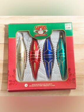 Vintage Santa's Trim Shoppe Hand Decorated Glass Ornaments Set Teardrop Set of 4